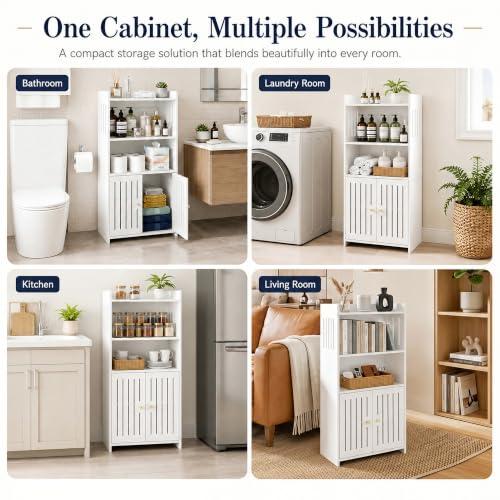 HAYOFAMY 4-Tier Bathroom Storage Cabinet 8.7" D x 14.2" W x 29.5" H | White Floor Cabinet, Freestanding Organizer with Door, for Living Room Kitchen Small Space, PVC Material - size: 4-Tier Floor