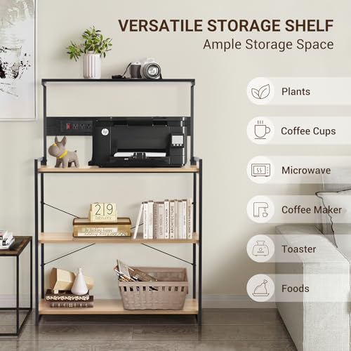4-Tier Kitchen Baker's Rack with Power Outlet, Microwave Stand and Storage Shelves, Coffee Station Organizer (White Maple and Black) - color: White Maple+black