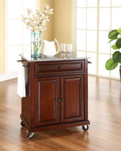 Crosley Furniture Compact Granite Top Small Rolling Cart with Shelves, Microwave Stand with Towel Rack, Mahogany - color: Mahogany, style: Gray Granite Top