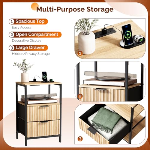 VINGLI Night Stand with Charging Station and Fabric Drawers, Fluted Nightstand Oak with 2 Drawers, Bed Side Table/End Table for Bedroom, 14.96" W*11.81" D*23.78" H - color: Oak, size: 15"W-2 Drawer 1 Shelf