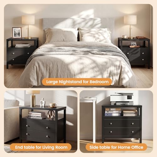 28 Inch Wide Night Stand, Black Nightstand with 2 Drawers and Open Shelf | Bedside Table Storage End Tables for Bedroom Study Office, Modern Solid Wood Dresser with Zinnc Alloy Pulls