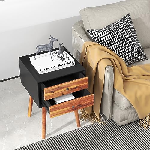 GOFLAME Nightstand with 2 Drawers, Small Wooden Side Table, Mid Century Modern Bedside Table with Storage, Compact End Table for Bedroom, Easy Assembly, Black & Natural - color: Black & Natural
