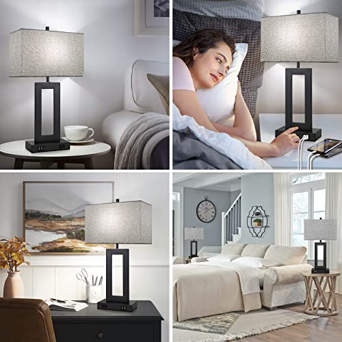 Set of 2 Modern Touch Control Table Lamps with 2 USB Ports, 22’’ Large Bedside Nightstand Lamps 3-Way Dimmable Desk Lamp With Grey Fabric Shade For Bedrooms Living Room Reading, 2 LED Bulbs Included | 3 Way Dimmable, Touch Control, Grey Fabric Shade, E26
