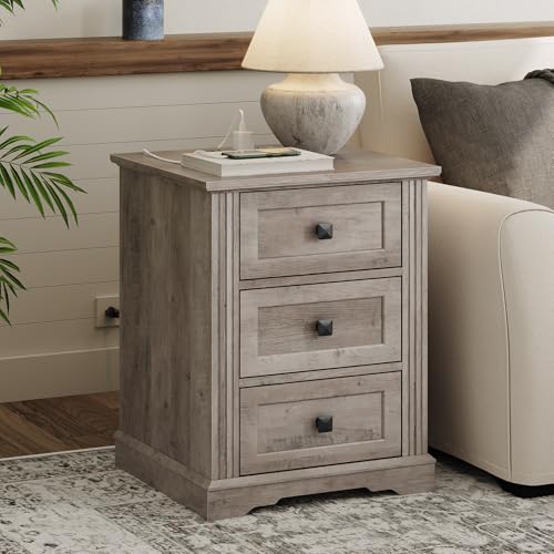 Night Stand with 3 Drawers, 18 Inch Wide End Table with Charging Station, Farmhouse Nightstand, Bedside End Tables Living Room, End Tables with Storage for Bedroom, Greige - color: Greige