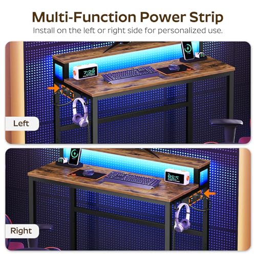 YATINEY Small Computer Desk with Charging Station and LED Lights, Gaming Desk with Monitor Stand, 2-Tier Home Office Desk with 4 Side Hooks, for Living Room, Home Office, Rustic Brown DN01UDBRY2 - color: Rustic Brown + Black