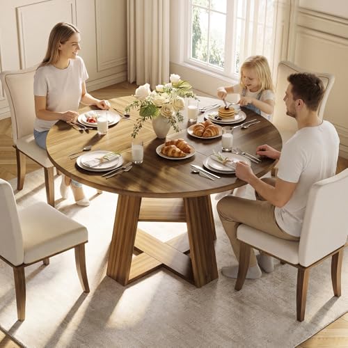 47.2" Round Dining Table for 4-6, Circle Kitchen Table with Open Storage Shelf, Farmhouse Dinner Table with Cross Pedestal Base for Dining Room, Kitchen, Living Room, Walnut - color: Walnut