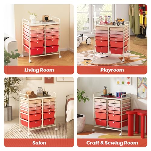 Moccha 12-Drawer Rolling Storage Cart - Utility Cart on Wheels with Lockable Casters for Craft Art Supply Paper Salon, Mobile Drawer Carts for Classroom Teacher School Office (Gradient Pink) - color: Gradient Pink, style: 12 Drawers