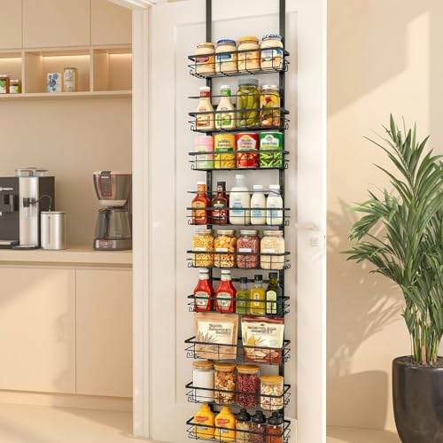 9-Tier Over The Door Pantry Organizer – Spice Rack with Side Hooks, Hanging Storage Basket for Back of Door, Home & Kitchen Essentials for Laundry Room & Bathroom Organization – Black