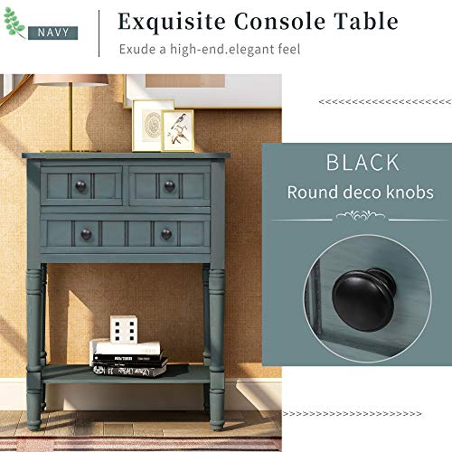 MTHOUSE Solid Wood Narrow Console Table, Entryway Table for Hallway & Living Room, Slim Sofa Table with 3 Drawers & Shelf, Easy Assembly Storage Furniture (Navy) - color: Navy