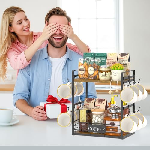 EsLuker.ly Coffee Mug Cup Holder Tree Bar Station Organizer, 2 Tier Mug Stand Rack for Countertop Kitchen, Storage Tower Display Shelf with 12 Hooks, Coffee Nook Enhancer - color: Antique Brown + Black