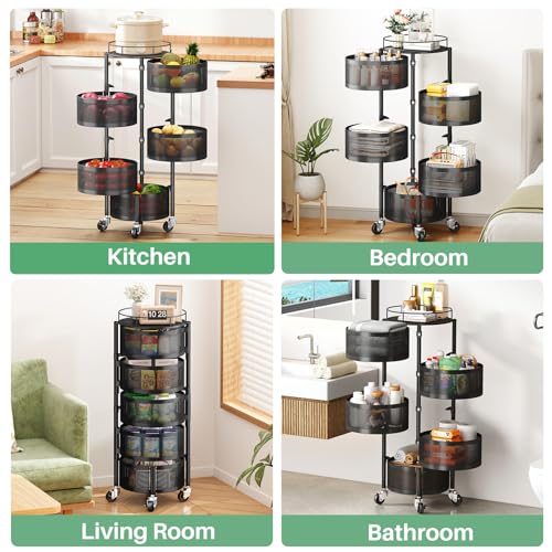 SAYZH Fruit Vegetable Basket for Kitchen, Rotating Storage Rack, 5 Tier Rolling Cart with top lid, Large Metal Wire Wheels, Black - color: Black