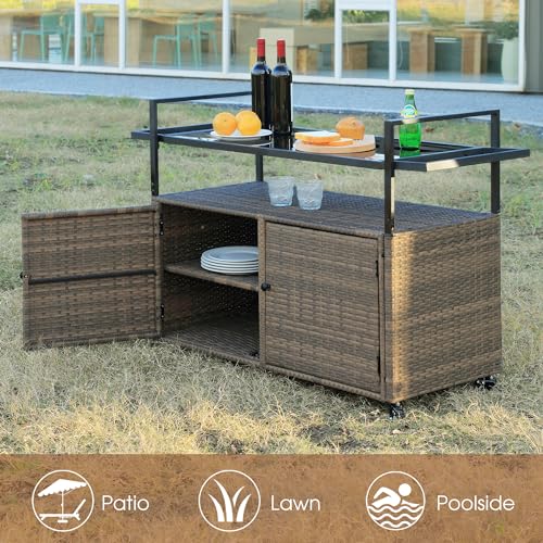 HOMEFUN Outdoor Bar Cart Table - Patio Console Storage Cabinet BBQ Grill Carts Buffet with Wheels Waterproof Wicker Serving Tables for Outside, Brown - color: 01-brown