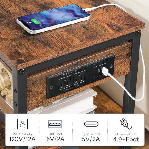 HOOBRO End Table with Charging Station, Side Table with 3 Tier Storage Shelf, Narrow Nightstand for Small Spaces, for Living Room, Bedroom, Easy Assembly, Rustic Brown and Black BF149UBZ01 - color: Rustic Brown + Black