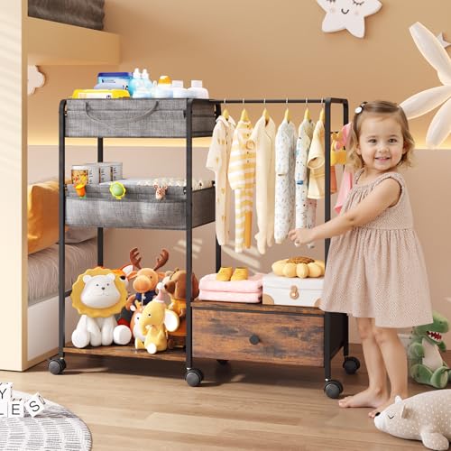 BBLIKE 3in1 Diaper Caddy Organizer - Diaper Caddy & Rolling Diaper Cart with Kids Clothing Rack for Nursery and Baby Essentials, Multi-Function Utility Cart for Bedroom and Bathroom, Black&Brown