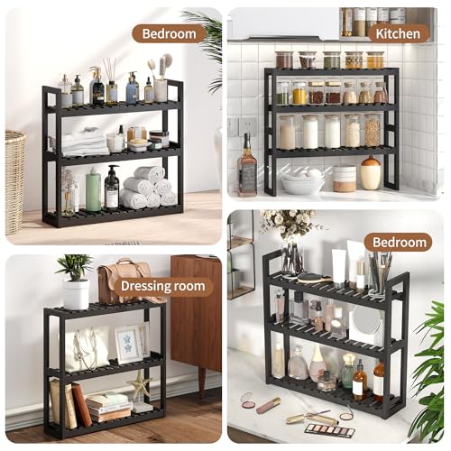 Bathroom Shelf Bamboo Organizer Rack Adjustable 3-Tier Storage Shelf Wall Mounted Storage Rack Over The Toilet Utility Shelves Living Room Kitchen Shelf(Black) - color: Black