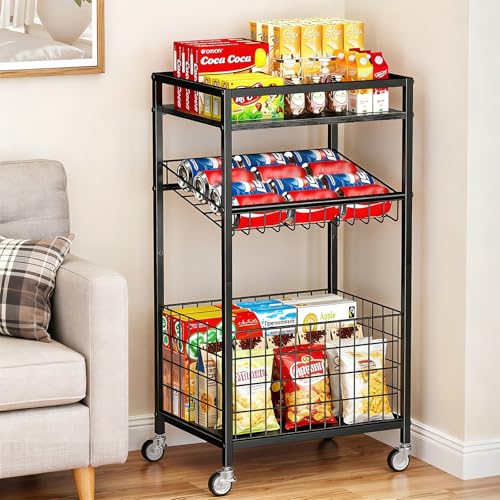 Fruit Vegetable Cart, 3-Tier Snack Cart on Wheels & Wood Top, Black | Vegetable Rack For Kitchen, Kitchen Cart Organizer for Fruit, Vegetables, Potato, Snack - color: Black, style: 3-Tier