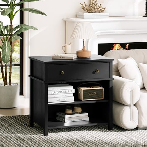 End Table with Drawer and 2 Tier Shelves, Wood Sofa Side Table for Living Room, Modern Nightstand Bedside Table for Bedroom, Small Console Table for Entryway, Hallway, Black - color: Black