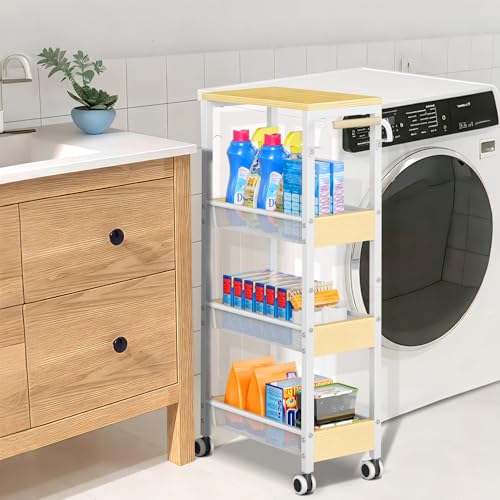 Utility Slim Storage Cart with Wheels, 4 Tier Slim Rolling Cart, Slim Rolling cart for Kitchen,Small Rolling Cart with Wood Top, Skinny Metal Organization Trolley Laundry with Handle for Small Space
