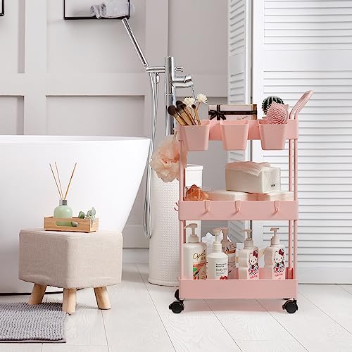danpinera Slim Storage Cart, 3 Tier Narrow Rolling Cart on Wheels Bathroom Organizer with Dividers Handle Hanging Cups Hooks for Laundry Room Kitchen Small Spaces, Pink - style: 3 Tier Pink