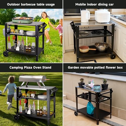 LEETOLLA Stainless Steel Outdoor Grill Cart with Wheels, Heavy-Duty 3-Tier BBQ Prep Table for Pizza Oven, Griddle, Patio – Rustproof Commercial Kitchen Cart with Tool Hooks - color: 304 Stainless Steel