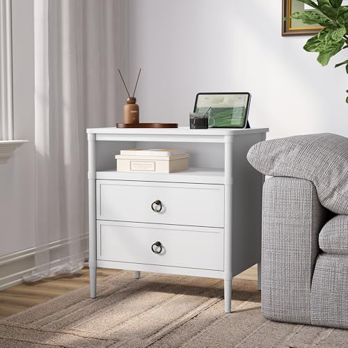 Nightstand, Mid Century Modern Night Stand with 2 Drawers and Open Shelf, Beside Table with Distressed Ring Handle for Bedroom,End Table (1, White) - color: White