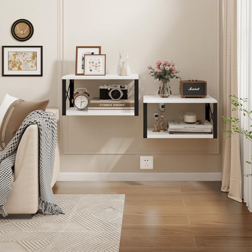 Homode Floating Night Stand, Modern Bedside Shelf Wall Mount, Wood Hanging Nightstand with Wire Hole, Floating Side Table for Bedroom Bathroom Living Room Small Places, White - color: White