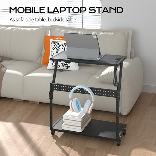 24In Large PC Stand, 5 Levels Height Adjustable Computer Tower Stand with Charging Station, Wheels and Hooks, CPU Holder Cart for Floor, Carpet and Under Desk, Easy Assembly(with Power Strips) - color: Black with Outlet