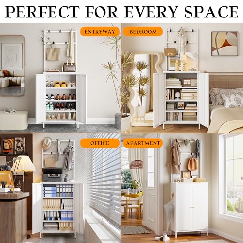Hall Tree, 72” Shoe Cabinet with Rack, 2-Door Metal Shoe Organizer with 3 Adjustable Shelves & 5 Hooks, Farmhouse Hallway Cabinet for Shoes, Hats, and Keys, White