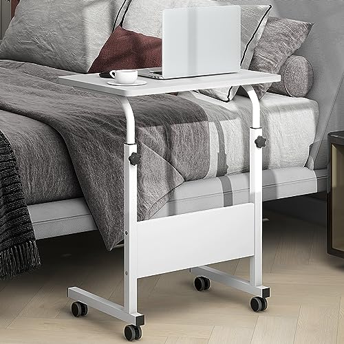 Side Table, 23.6in Adjustable Laptop Stand Portable Cart Tray Bedside Computer Table, Sofa Side Bed Table with Wheels, White - color: White, size: 23.6 inches