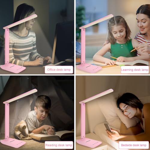 shinelife LED Desk Lamp for Office Home, Bright Desk Light with USB Charging Port, Adjustable Dimmable Desk Lamps 5 Modes 5 Brightness, Touch Study Lamp for Nail, Craft, Puzzle, Sewing, Study, Pink - color: Pink