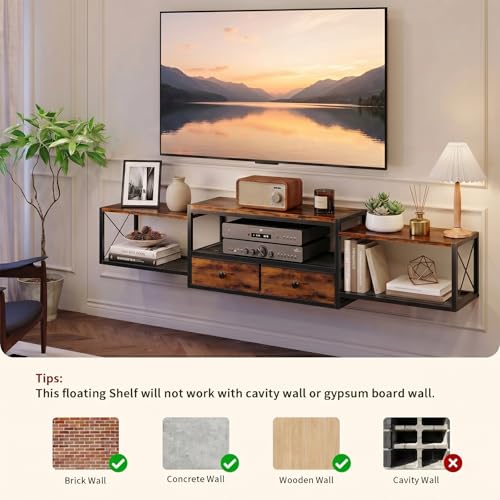 HavenlyYouth 55" Floating TV Stand, Modern Entertainment Center, Wall-Mounted Media Console Shelf for Under TV Storage, TV Cabinet for Living Room, Bedroom, Rustic Brown