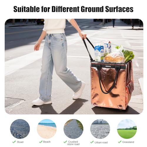 Reusable Grocery Bag Tote Bag with Wheels, Foldable Rolling Tote Bag with 3 Handles and Zipper - color: Rose Gold, size: Medium