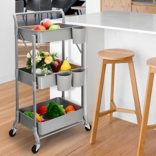 Foldable 3 Tier Metal Utility Rolling Cart, Folding Mobile Multi-Function Storage Trolley Organizer Cart for Home Library Office(Grey) - color: Gray
