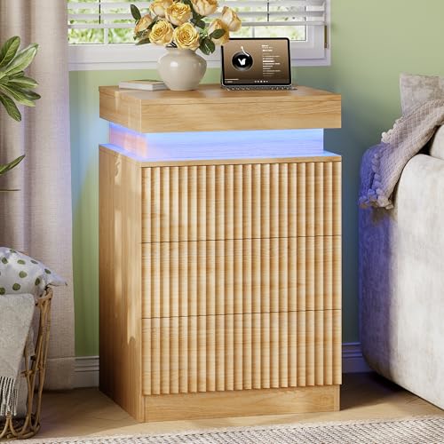 Xixini Nightstand with Charging Station and RGB LED Lights, Fluted 3-Drawer Bedside Table with Sliding Top, Wooden End Table for Bedroom, Living Room, Oak - color: Oak