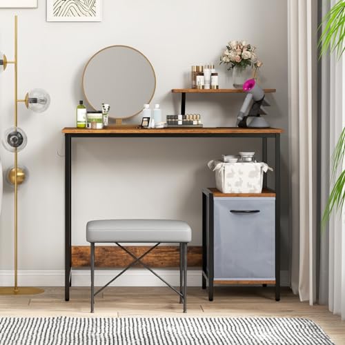 Giantex Computer Desk with Drawer and Power Outlet, Home Office Desk with Reversible Storage Drawer & Raised Shelf, Computer Workstation with Hook, Industrial Study Writing Desk for Study, Bedroom