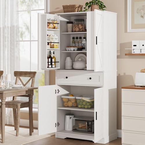 Garvee 71" Kitchen Pantry Cabinet, Barn Door Freestanding Cupboard with Drawer, Sliding Storage Rack, and 6 Hanging Shelves for Kitchen, Dining Room, Living Room Bedroom - color: White