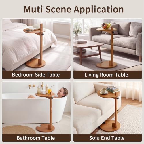 Bamboo Side Table for Sofa - Adjustable Height C Shaped End Tables for Small Spaces, Couch, Bedside, Living Room, 12.6x12.6x26 Inch TV Tray Round Stand for Drink, Snack, Coffee (Walnut) - color: Walnut Brown