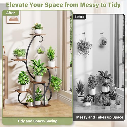 Metal Curved Shaped 6 Tier Corner Plant Stand with Grow Lights, 47" | Multiple Plants, Indoor Shelf ,Holder Display Rack, Flower Stands For Living Room, Patio & Home Decor