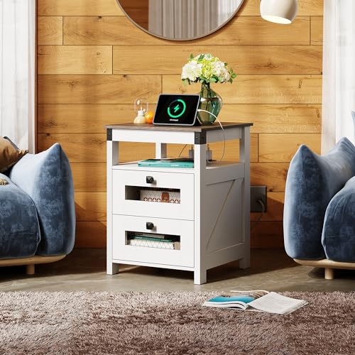 WLIVE Nightstand with Charging Station, Farmhouse End Table, Bed Side Table with 2 Storage Drawers and Open Shelf, Wood Rustic Nightstands for Bedroom, White - color: White, style: Farmhouse