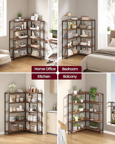 VASAGLE 5 Tier Bookshelf with Metal Frame, Convertible Industrial Corner Shelf, 9.4 x 52.8 x 55.9 Inches, for Living Room, Bedroom, Home Office, Rustic Brown and Ink Black ULLS815KD01 - size: 5 Tiers (52.8"W)