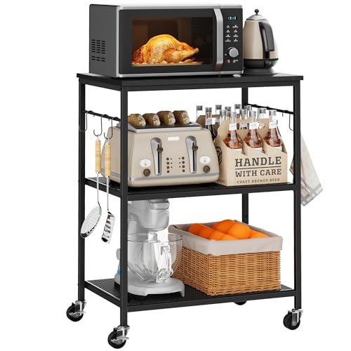 Homleke 3-Tier Rolling Kitchen Microwave Cart, Kitchen Utility Cart on Lockable Wheels, Coffee Bar Table Station with 6 S-Shaped Hooks, Small Appliance Storage Shelf, Black - color: Black, size: 3-Tier
