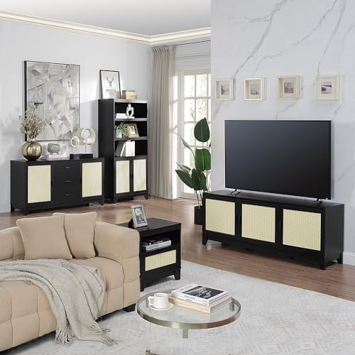 Manhattan Comfort Sheridan Cane Mid Century Modern Nightstand with 1 Full-Extension Drawer and Open Cubby Space, Elegant Bedside Table and Decor Accent for Bedroom and Living Room, Set of 2, Black - size: Set of 2