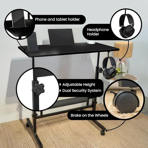 Small Rolling Desk with Wheels, Adjustable Height 27"-43.3" Portable Standing Desk, 31.5"x15.7" Tabletop, Mobile Laptop Computer Table for Home Office Workstation, Black - color: Black