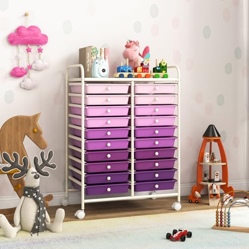 DREAMADE Rolling Cart with Storage Drawers, Utility Cart w/Removable Plastic Drawers, Lockable Wheels, Art Cart for Classroom Organization Art Supplies Office Scrapbook (20 Drawers, Purple Gradient) - color: Gradient Purple, style: 20 Drawers