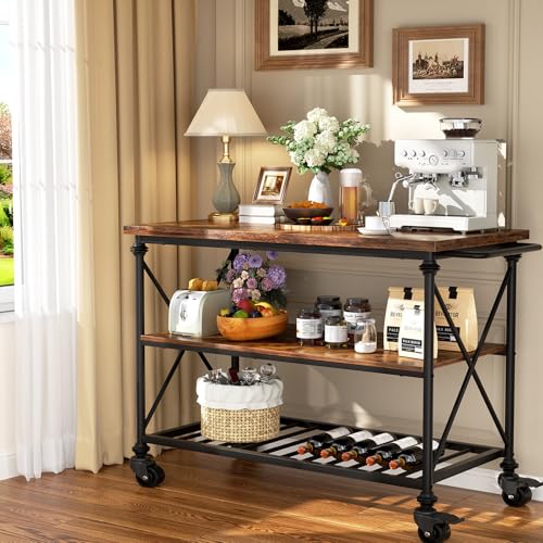 Homieasy Kitchen Island Cart with Wheels, 3-Tier Wood and Metal Rolling Kitchen Island Table with Pipe Legs, Storage Shelves & Lockable Casters for Kitchen Dining Room, Rustic Brown - color: Rustic Brown
