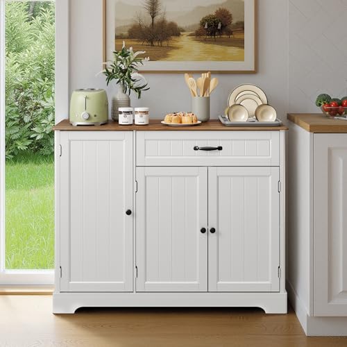 Ahomly Buffet Cabinet, Coffee Bar, Sideboard Cabinet with Internal Storage Shelf for Dining Room, Kitchen, Living Room, Kitchen and Laundry Room,White and Rustic - color: White and Rustic