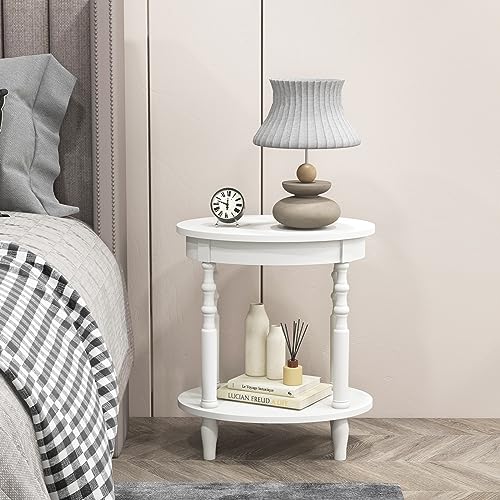 GOFLAME 2-Tier Oval End Table Set of 2, Sofa Side Table with Storage Shelf, Solid Wood Legs, Modern Accent Table, Compact Nightstand for Living Room, Bedroom, Small Space, White - color: White