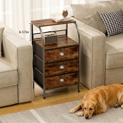 Night Stand Set 2, Tall Nightstand with 3 Fabric Drawers, Bedside Table with 2-Tier Wood Shelf, End Table for Bedroom, Steel Frame, Wood Top, Rustic Brown - color: Brown(3drawer), size: Set of 2