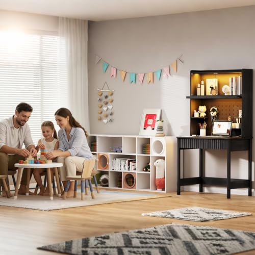 Lvifur 31.5" Small Study Desk with - Drawer & Hutch,Computer Desk with Charging Station,Compact Writing Desk with LED Reading Lights,Home Office Desks for Small Spaces,Bedroom Study Room,Black - color: Black