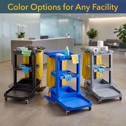 44” x 18” x 38” Black 3-Shelf Janitorial Cart Kit - Commercial Housekeeping Cart with Yellow Bag, Black Zippered Bag, Lid, Folding Handle for Hotels, Offices, Schools - 175 lb Capacity - size: Small (Black)